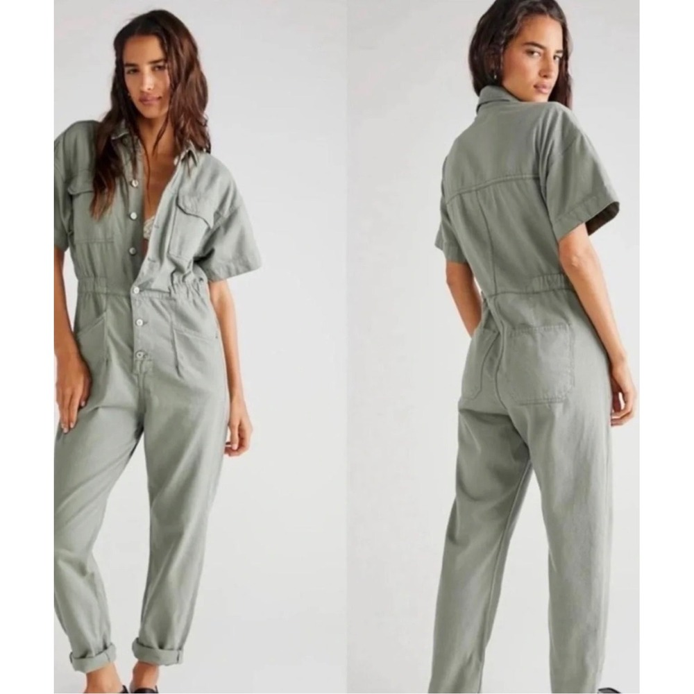 Free People Marci Denim Jumpsuit Washed Army Green Size Small Pristine Condition